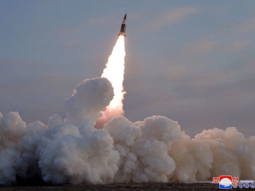 FILE PHOTO: A tactical guided missile is launched, according to state media, at an undisclosed location in North Korea, in this photo released January 17, 2022 by North Korea's Korean Central News Agency (KCNA). KCNA via REUTERS 