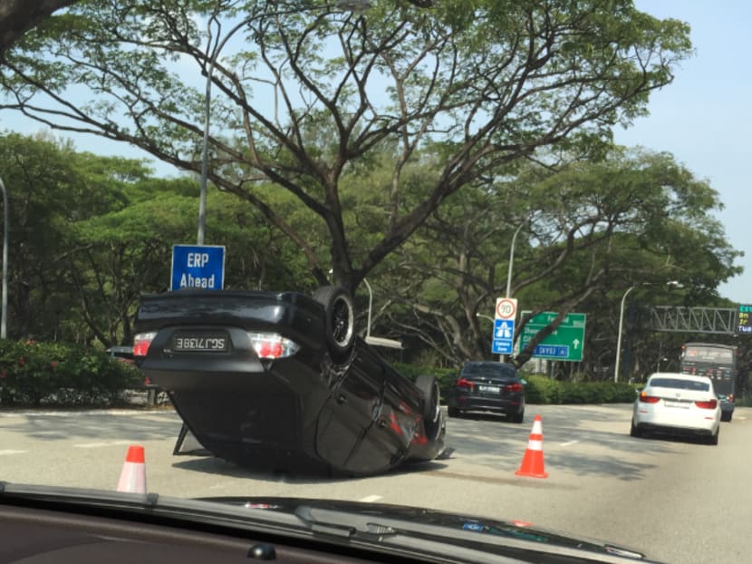 A car overturned along the ECP on Friday (April 8) morning. TODAY photo