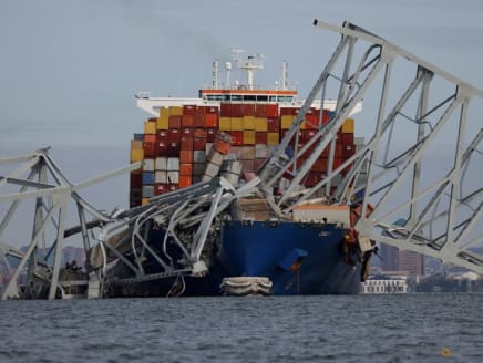 A view of the Dali cargo vessel which crashed into the Francis Scott Key Bridge causing it to collapse in Baltimore, Maryland, US, on March 26, 2024. 