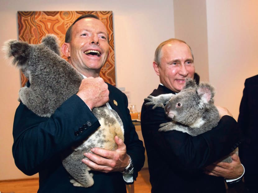 While Mr Abbott (left) accused Mr Putin of ‘trying to recreate the lost glories of tsarism or the old Soviet Union’, he posed next to Mr Putin as they cuddled koalas. Photo: Reuters