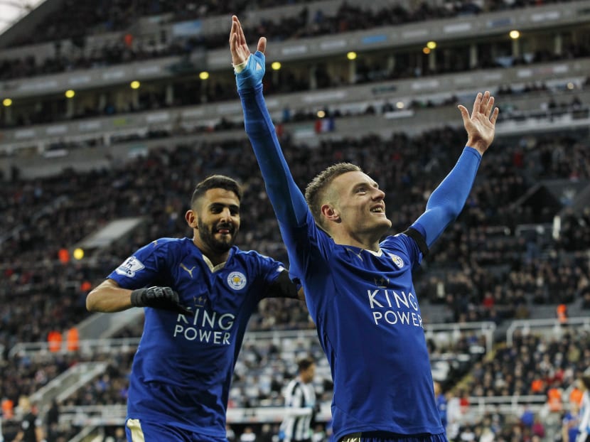 Jamie Vardy celebrates scoring the first goal for Leicester City to equal the record for scoring in consecutive Premier League games. Photo: Action Images via Reuters
