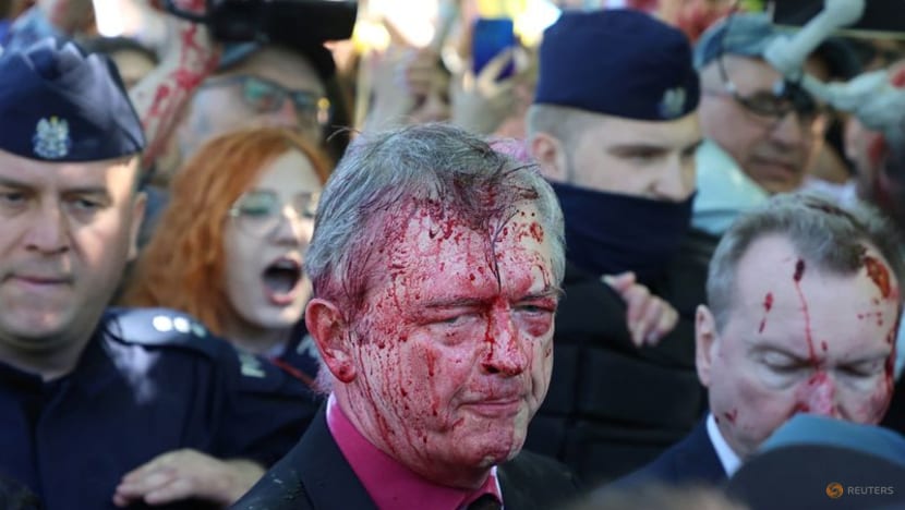 Russian envoy to Poland doused in red by anti-war protesters