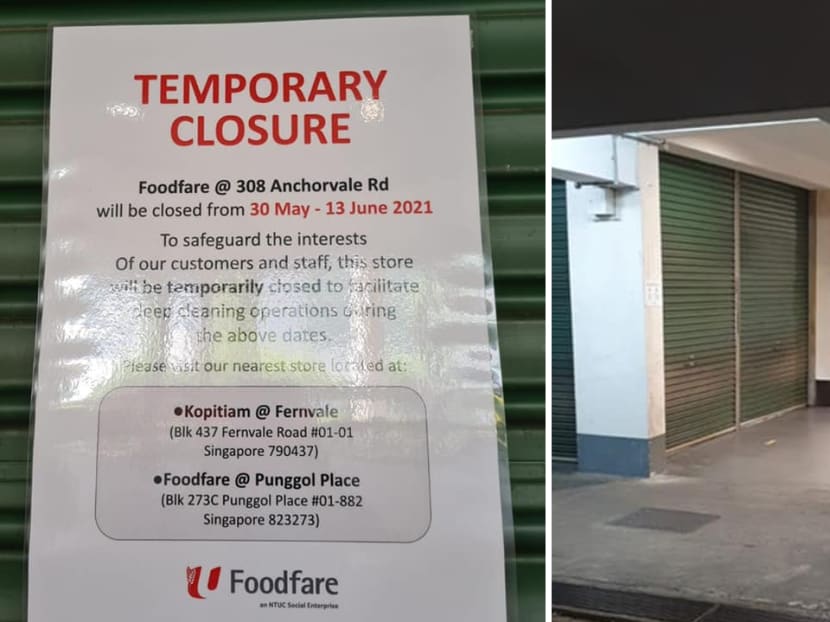 The NTUC Foodfare outlet at 308 Anchorvale Road, which is now closed, was visited on four consecutive days by people who were infectious with the disease. The NTUC Foodfare outlet at 308 Anchorvale Road, which is now closed, was visited on four consecutive days by people who were infectious with the disease.