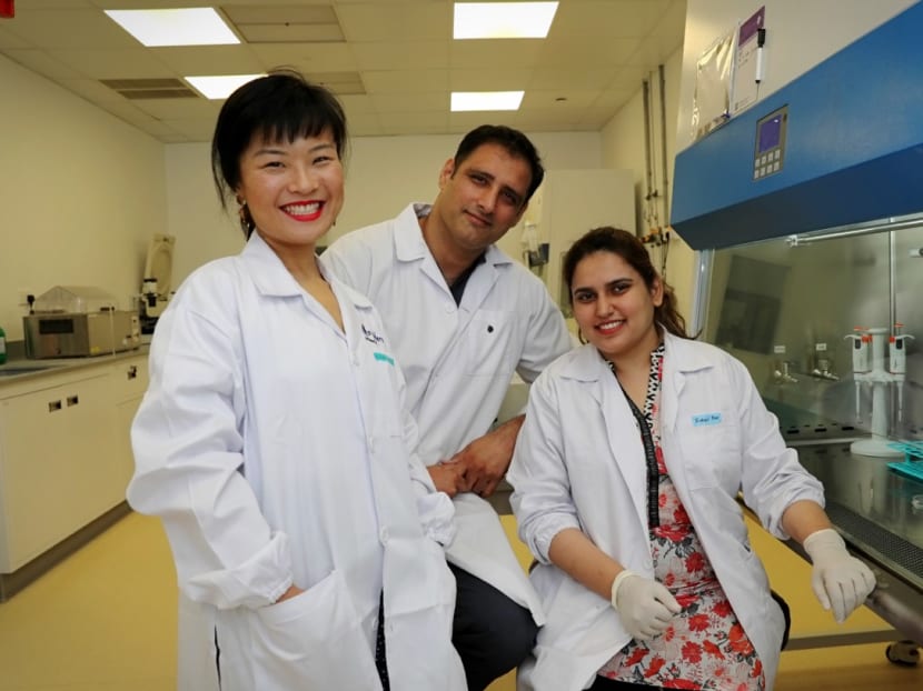 Ms Fengru Lin (left), CEO, 31, Mr Max Rye, Chief Technology Officer, 40, and Ms Rabail Toor, chief scientist, 29, from Turtle Tree Labs, who are working on producing milk from mammary cells. Ms Fengru Lin (left), CEO, 31, Mr Max Rye, Chief Technology Officer, 40, and Ms Rabail Toor, chief scientist, 29, from Turtle Tree Labs, who are working on producing milk from mammary cells.