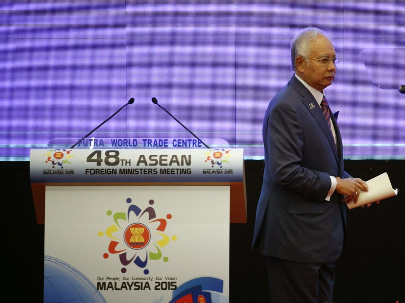 Malaysian Prime Minister Najib Razak walks away after delivered his opening speech during the 48th ASEAN Foreign Minister Meeting in Kuala Lumpur, Malaysia on Tuesday, Aug 4, 2015.  Photo: AP