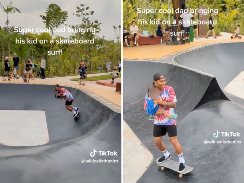 A recent TikTok video of a man carrying a child as he skates around a skate park has earned both praise and criticism from netizens.
