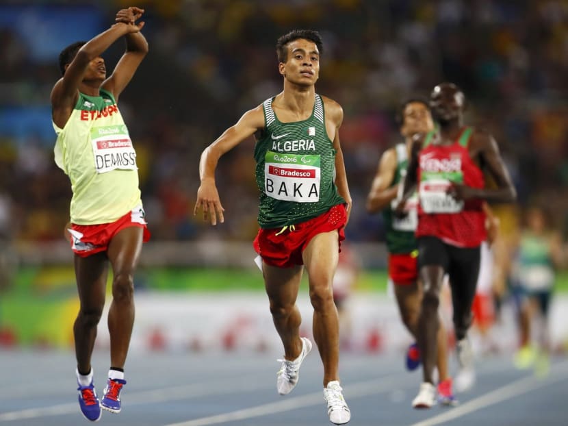 Algeria’s Abdellatif Baka narrowly winning the gold medal ahead of Ethiopia’s Tamiru Demisse in the men’s 1,500m T13 final at the Paralympic Games in Rio on Sunday. Photo: REUTERS