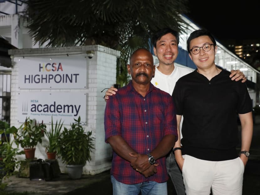 From left: Former convict James Radha; Mr Andrew Ong, assistant director of partnerships at HCSA Community Service; and Mr Jarvis Go, a Step Up mentor.