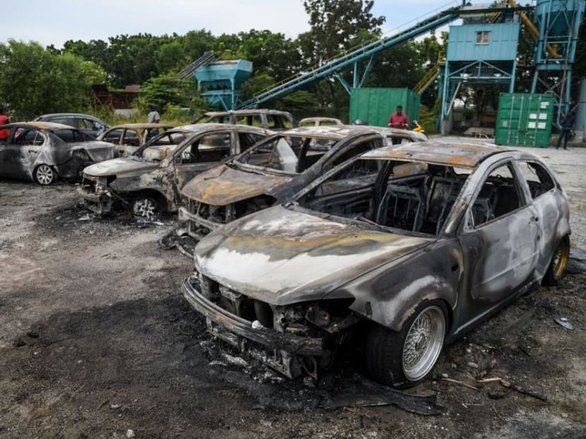 Burned cars at the Sri Maha Mariamman temple in Subang Jaya.