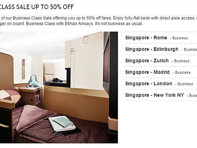 The latest airline to put premium seats on sale is Etihad Airways, which is offering discounts of up to 50 per cent. Screencap: etihad.com