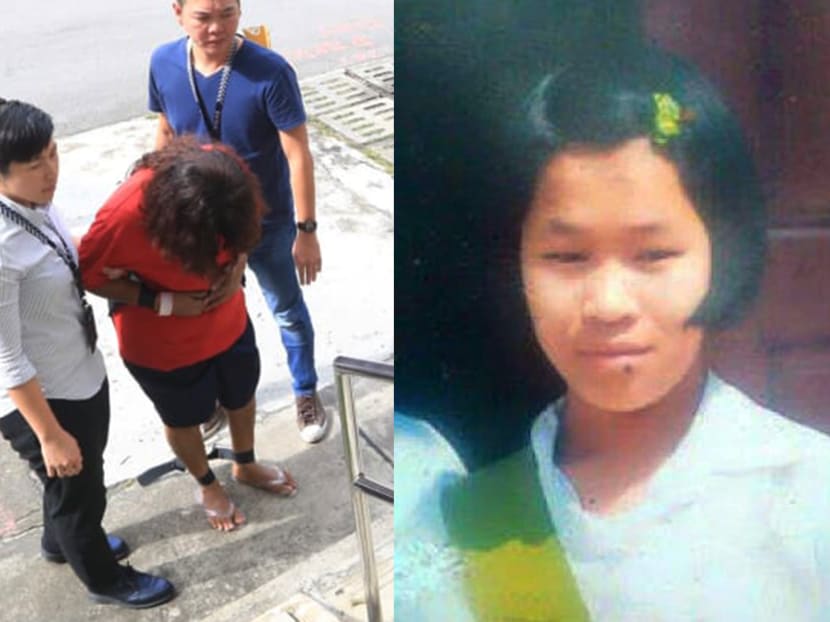 (Left) Prema S Naraynasamy (head bowed), being taken back to the scene of the crime in 2017. (Right) An old photo of Piang Ngaih Don.