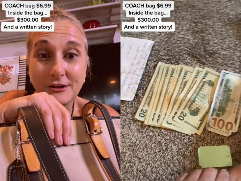 In a viral TikTok video, a woman from Philadelphia (left) relates how she found US$300 (right) hidden in a handbag she bought at a thrift store.