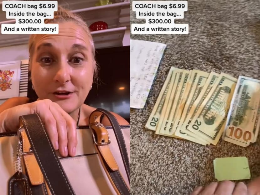 In a viral TikTok video, a woman from Philadelphia (left) relates how she found US$300 (right) hidden in a handbag she bought at a thrift store. In a viral TikTok video, a woman from Philadelphia (left) relates how she found US$300 (right) hidden in a handbag she bought at a thrift store.