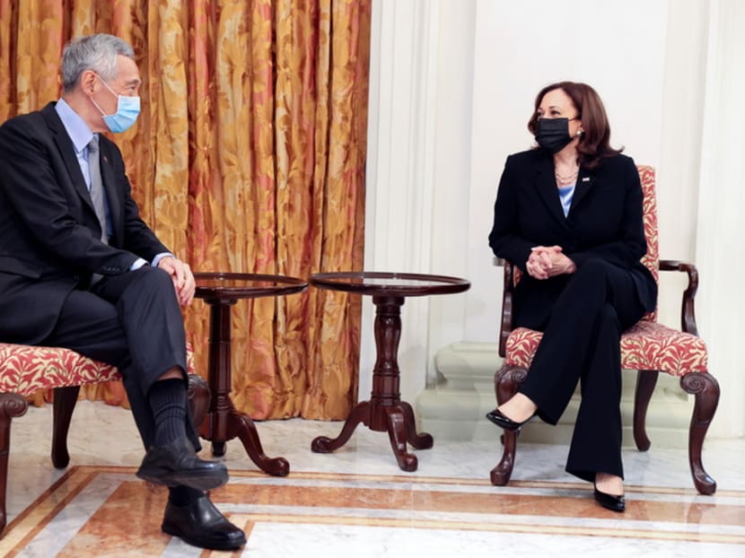 Prime Minister Lee Hsien Loong (left) and United States vice-president Kamala Harris held a press conference on Aug 23, 2021. Prime Minister Lee Hsien Loong (left) and United States vice-president Kamala Harris held a press conference on Aug 23, 2021.