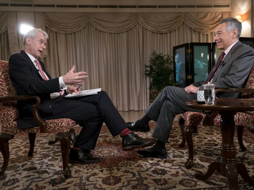 BBC HARDTalk presenter Mr Stephen Sackur (left) and PM Lee Hsien Loong. Photo: Ministry of Communications and Information