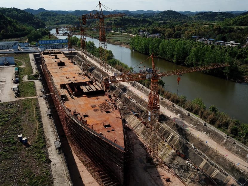 This aerial photo taken on April 26, 2021 shows a still-under-construction replica of the Titanic ship in Daying County in China's southwest Sichuan province.