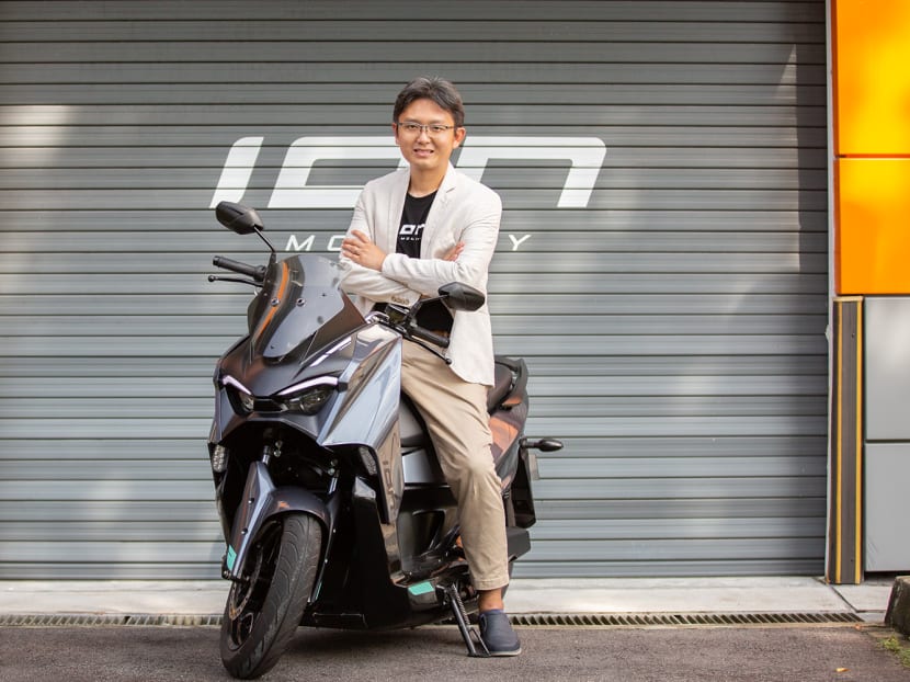 Mr James Chan with the ION Mobius electric motorcycle on April 22, 2022.