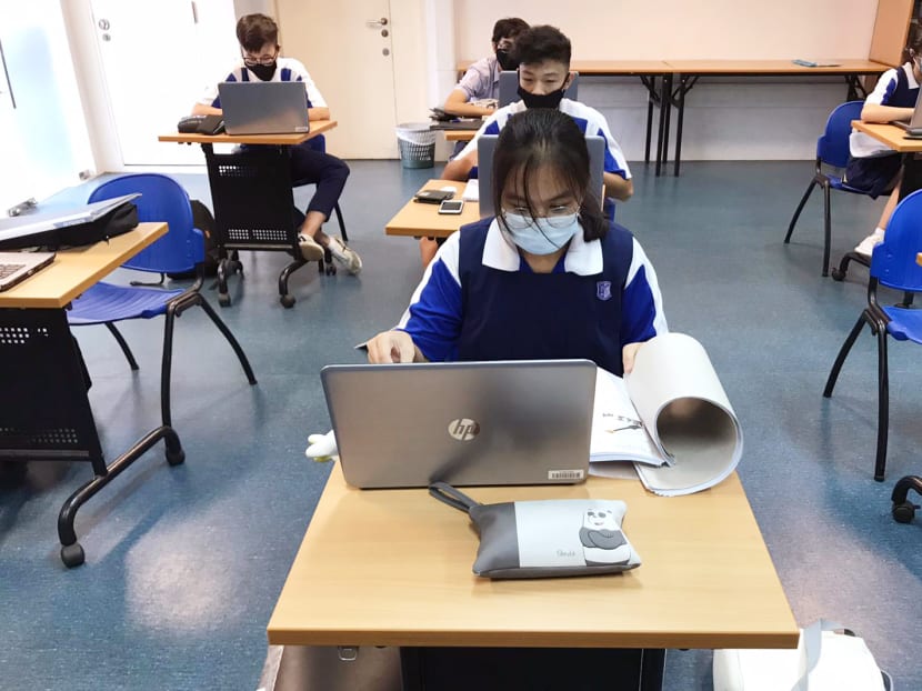 Abigail Juarez (front row) who studies at Jurong West Secondary School was among a small group of students who returned for lessons in class on May 20, 2020.