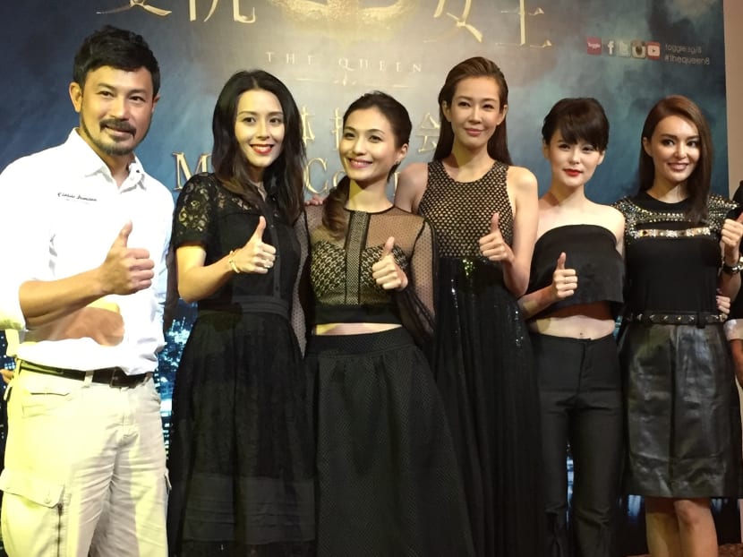 Queens of their domain: Priscelia Chan, Vivian Lai, Jesseca Liu, Jayley Woo and Apple Hong, flanked by Darren Lim (extreme left) and Xu Bin. Photo: Hon Jing Yi.
