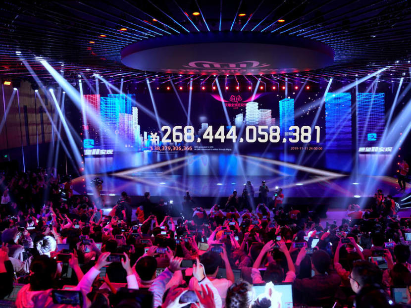 Screen at Alibaba Group's headquarters in Hangzhou shows the transaction value of sales during its Singles' Day global shopping festival. Screen at Alibaba Group's headquarters in Hangzhou shows the transaction value of sales during its Singles' Day global shopping festival.