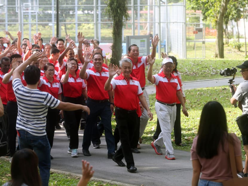 Progress Singapore Party secretary-general Tan Cheng Bock (front row, right) leading a walkabout at Teban Gardens on Jan 12, 2020.