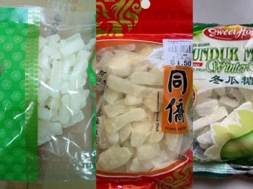 Some of the brands of winter melon strips being recalled by the Singapore Food Agency.