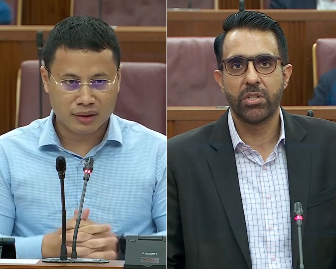 National Development Minister Desmond Lee (left) and Workers' Party chief Pritam Singh (right) in Parliament on Feb 15, 2022.