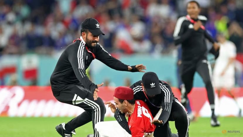 Supporter runs onto pitch during Tunisia v France game with Palestinian flag Supporter runs onto pitch during Tunisia v France game with Palestinian flag