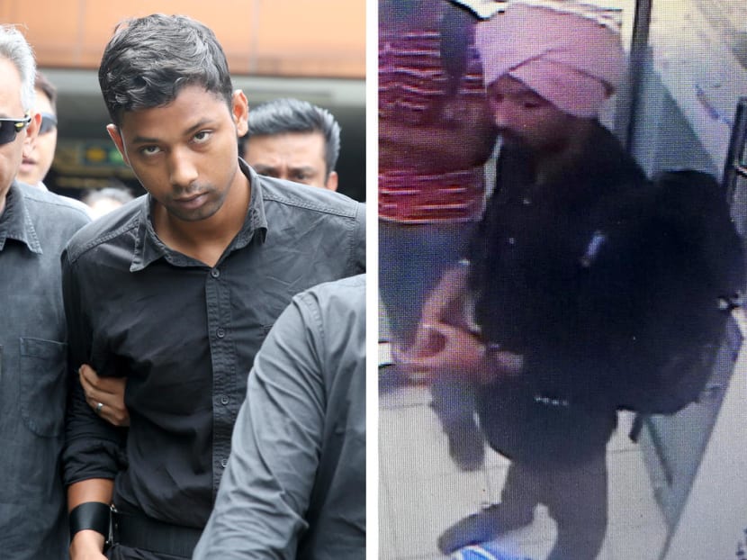 Sheikh Md Razan at the time of his arrest in August last year (left), and in an image captured by the Singapore Police Force from closed-circuit television footage on the day of the robbery attempt when he was wearing a pink turban (right).