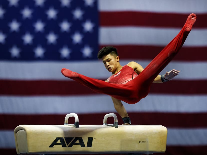 Yul Moldauer competes in the Pommel Horse during the 2021 Senior Men's Winter Cup at Indiana Convention Center in Indianapolis, Indiana, US on Feb 26, 2021.