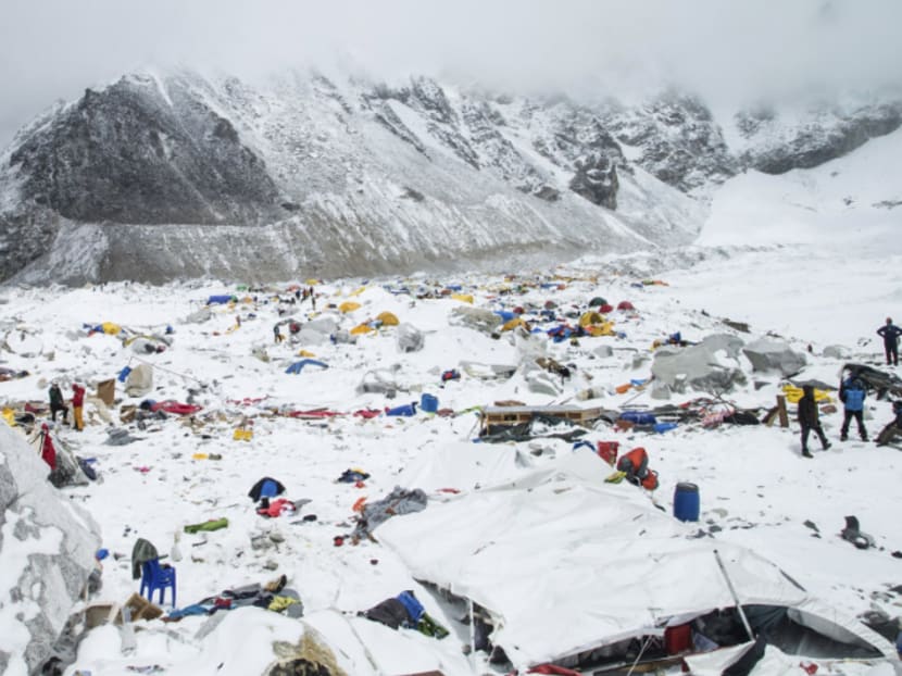 The Mount Everest south base camp in Nepal is seen a day after a huge earthquake-caused avalanche killed at least 17 people, in this photo courtesy of 6summitschallenge.com taken on April 26.