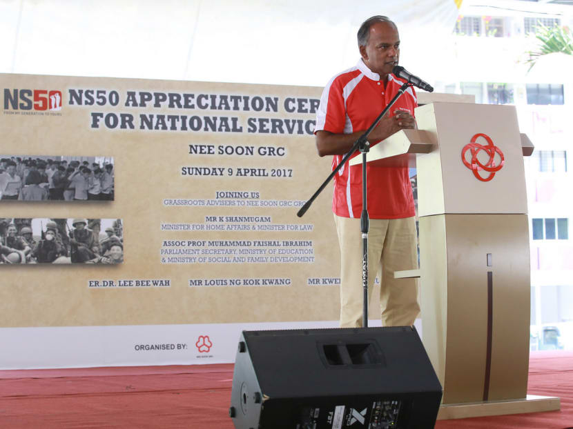 Law and Home Affairs minister K Shanmugam speaking at a NS50 appreciation ceremony on Sunday (April 9). Photo: People's Association