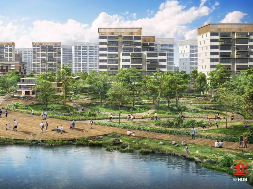 Artist's impression of homes in Park District, offering views of greenery and the waterfront.