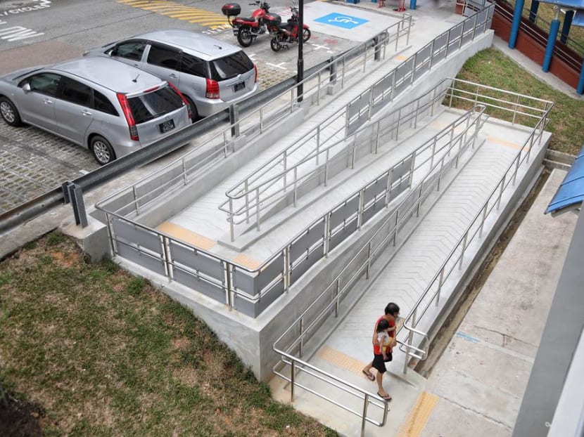 The barrier-free ramp at Block 108 Bedok Reservoir Road that triggered the public spat between Workers' Party chief Pritam Singh and People's Association grassroots adviser Chua Eng Leong.