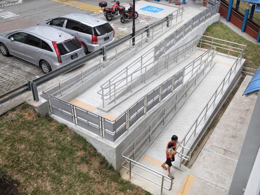 The barrier-free ramp at Block 108 Bedok Reservoir Road that triggered the public spat between Workers' Party chief Pritam Singh and People's Association grassroots adviser Chua Eng Leong. The barrier-free ramp at Block 108 Bedok Reservoir Road that triggered the public spat between Workers' Party chief Pritam Singh and People's Association grassroots adviser Chua Eng Leong.