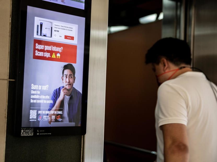 An anti-scam poster at an HDB void deck. An anti-scam poster at an HDB void deck.