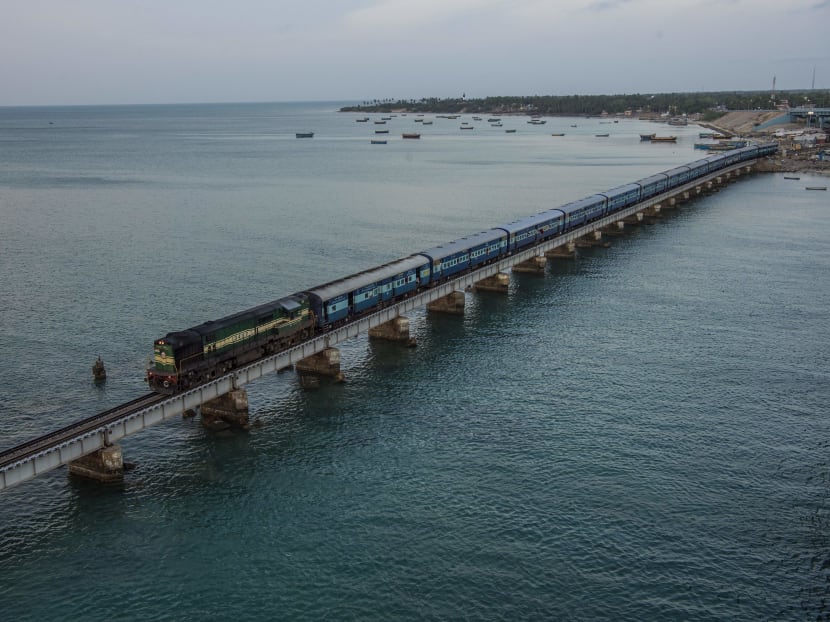The Pamban Bridge, which connects Pamban island and the port town of Rameswaram to mainland India. The island is a longstanding pilgrimage site thanks to mythological tales in which Lord Rama came here and used a longer bridge to cross to Sri Lanka and rescue his wife, Sita, from the demon king Ravana. Photo: The New York Times
