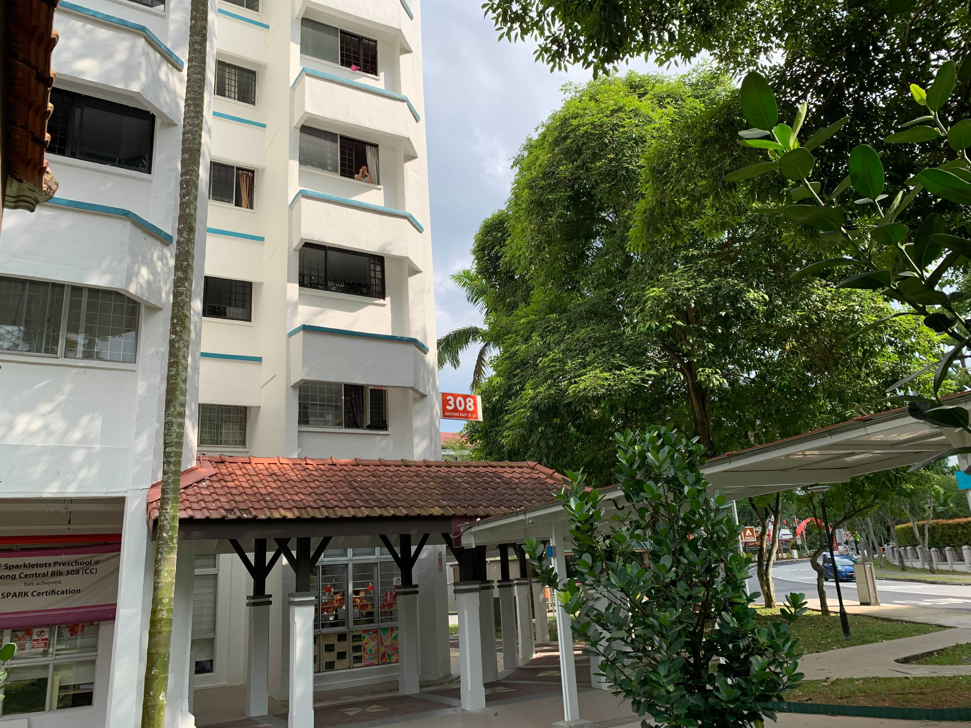 A view of Block 308 Jurong East Street 32. Tham Mee Yoke was stabbed at the void deck of the block in February 2021.