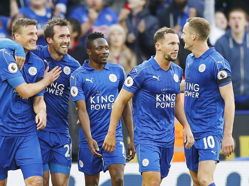 Leicester City’s Christian Fuchs (second from left) celebrates scoring their third goal against Crystal Palace at King Power Stadium on Oct 22. Given how patchy they have been, it is hard to make a strong case for Leicester avoiding a fifth straight league defeat on their visit to Copenhagen this week. Photo: Reuters