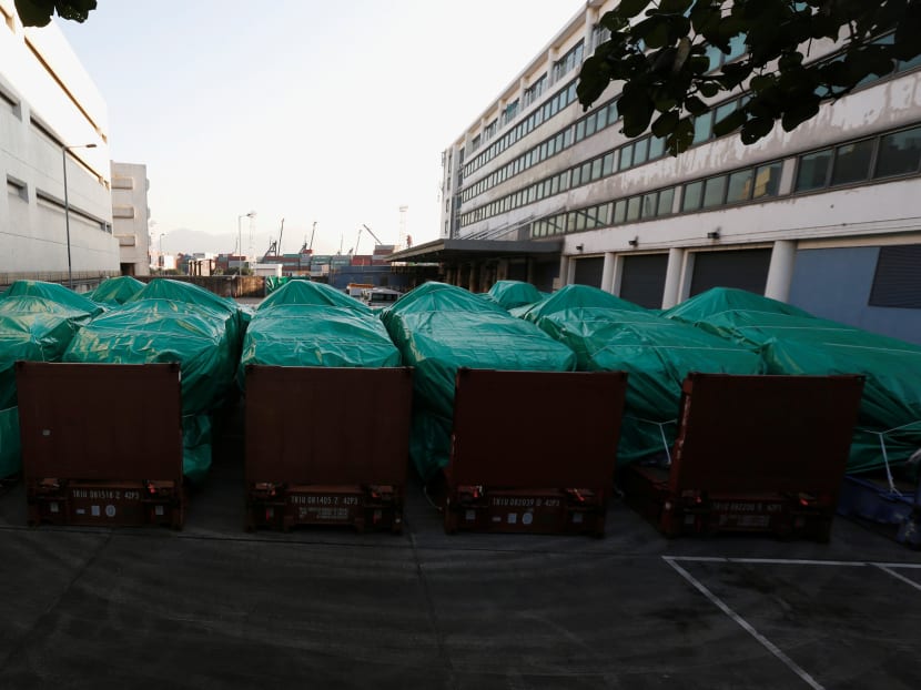 File photo of armoured troop carriers, belonging to Singapore, seen at a cargo terminal in Hong Kong, China Nov 28, 2016. Photo: Reuters