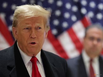 Republican presidential candidate and former US President Donald Trump speaks during a press conference at one of his properties after attending a hearing in his criminal court case on charges stemming from hush money paid to a porn star in New York City, US, on March 25, 2024.