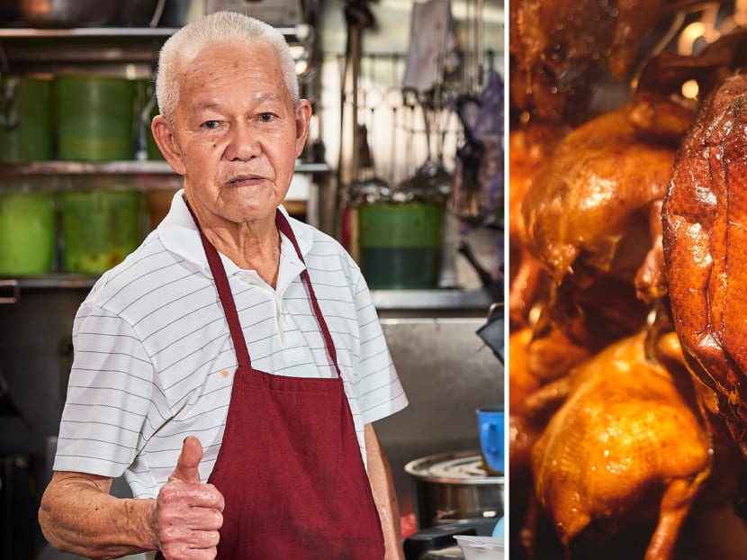 The shifu has been using charcoal to roast meats for over 50 years.