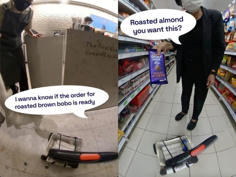 Screenshots from two videos that show a man in the Philippines remotely-controlling a robot to buy bubble tea at The Shoppes at Marina Bay Sands (left) and some chocolate from a supermarket in Yishun (right).