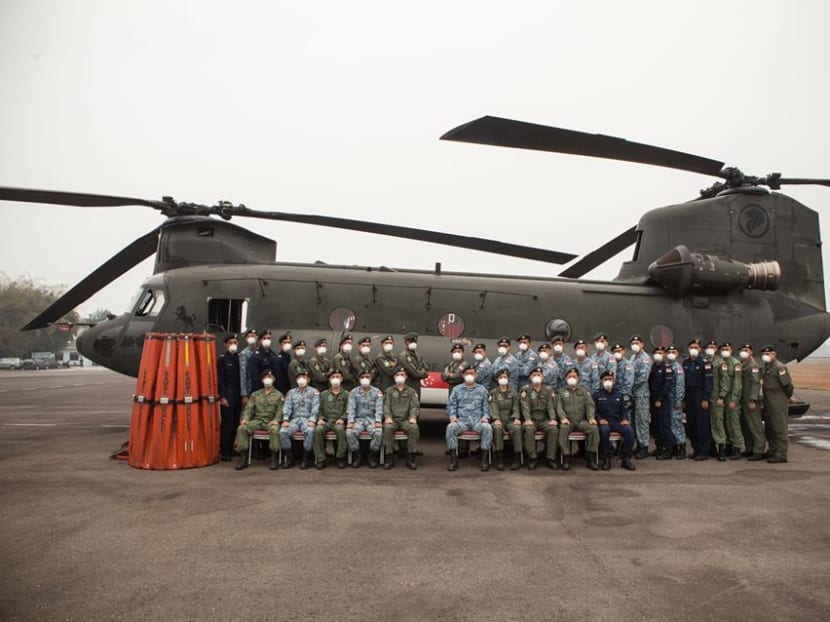 The Singapore deployment to Indonesia included personnel from the SAF and the SCDF, and a Chinook helicopter equipped with a heli-bucket. Photo: Ng Eng Hen/Facebook