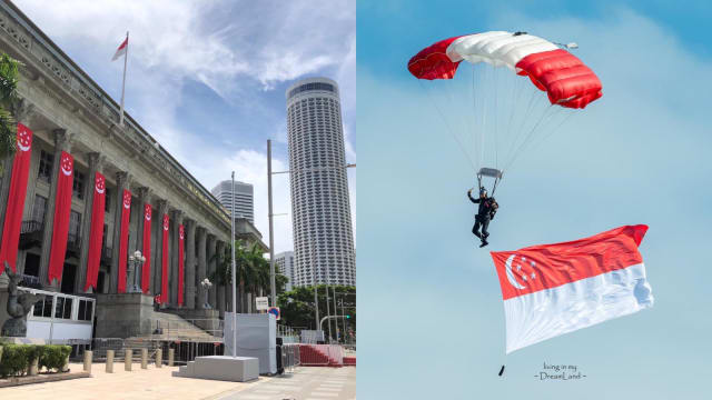 【国庆庆典】政府大厦大草场挂旗帜迎国庆 红狮跳伞队继续于邻里彩排