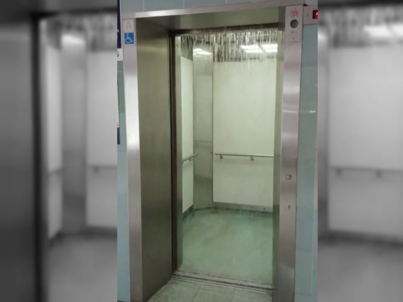 The rainwater overflowing into a lift at a Tampines HDB multi-storey carpark on Monday (Jan 8) morning was caused by a choked gully trap at an upper level of the building, said Tampines Town Council. Photo: Social Media