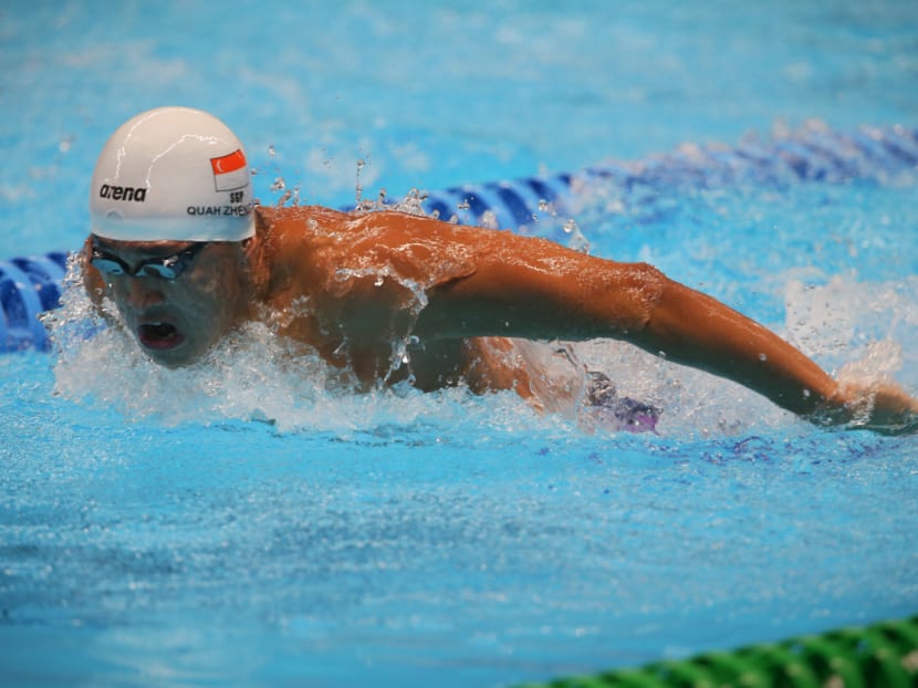Quah Zheng Wen representing Singapore in the Men's 200m Butterfly Final at the Gelora Bung Karno Aquatics Centre in Jakarta.
