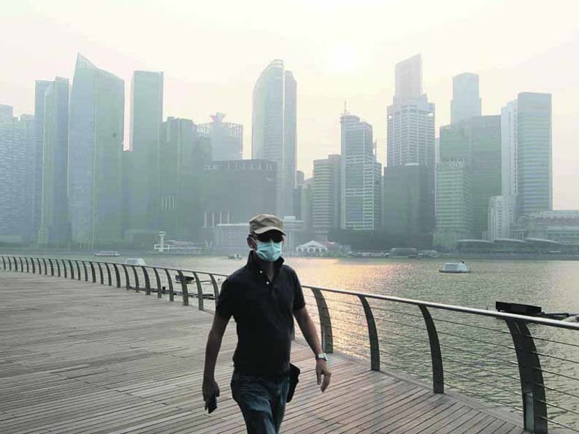 A man is seen donning a mask to protect himself from the haze as he walks along the Marina Bay Sands Waterfront Promenade at 5:30pm on Oct 6, 2014. Photo: Ooi Boon Keong