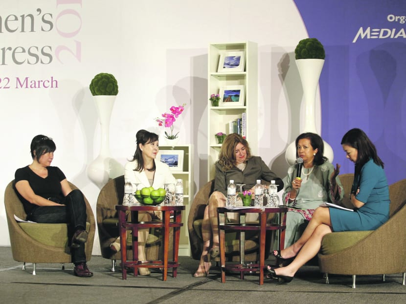 (From left) Panellists Eleanor Wong, Laura Hwang, Natalie Turner and Marina Mahathir with moderator  Lian Pek at the Singapore Women’s  Congress 2013. Photo: Ernest Chua