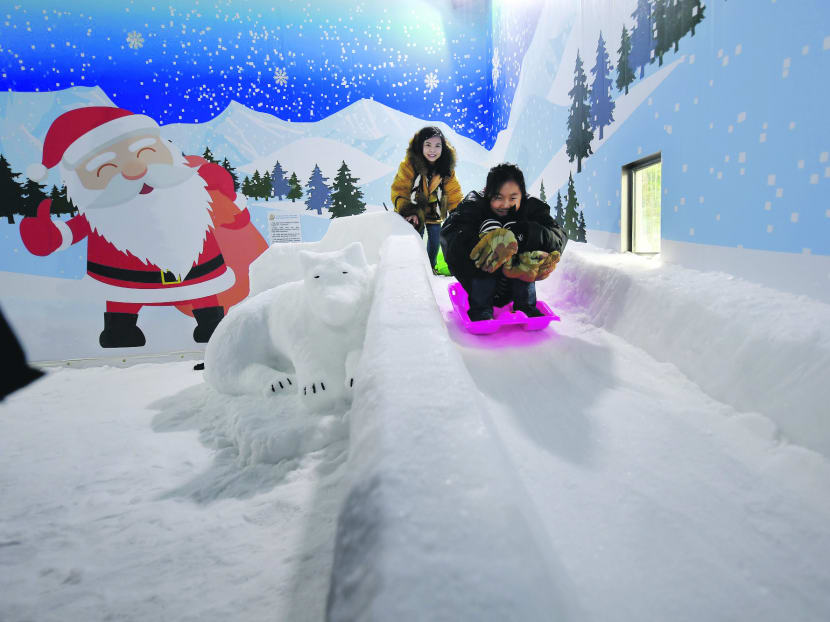 Shoppers can ride on the snow luge in Plaza Singapura first Outdoor Snow Fun House. Photo: Plaza Singapura